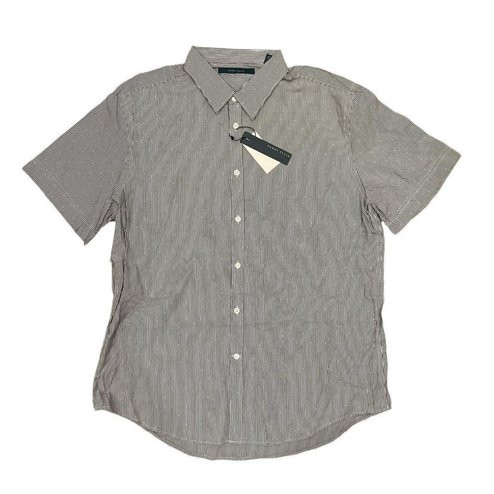 Perry Ellis Short Sleeve Pin Stripe Button Down Shirt Men’s Size XL Black White